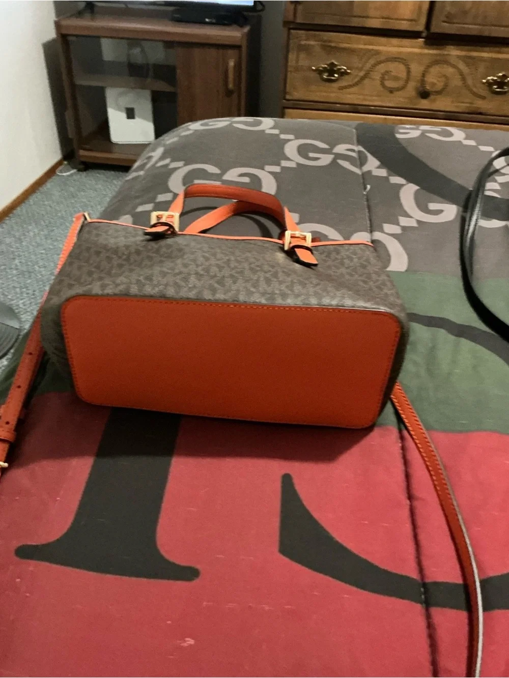 Michael Kors Brown Signature Satchel with Orange Trim